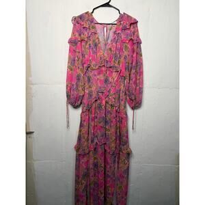 Free People For Love & Lemons Annie Ruffles Romantic Printed Maxi Dress S